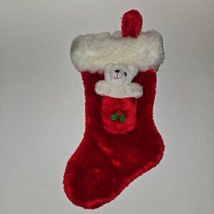 VTG Russ Red Christmas Stocking White Teddy Bear Plush Holly Holiday Decor READ
